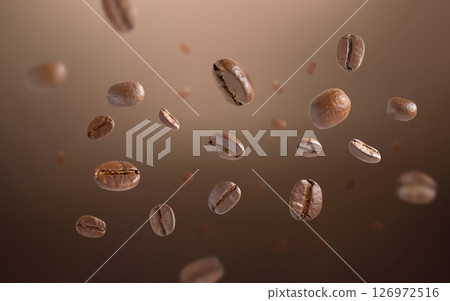 Roasted coffee beans levitate with dark background. Coffee beans flying and falling use for background. Close up image. 126972516