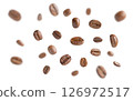 Coffee beans levitate. Roasted coffee beans flying on white background with clipping path. Close up image. 126972517