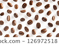 Roasted coffee beans. Scattered coffee beans on a white background with clipping paths. Close up. 126972518