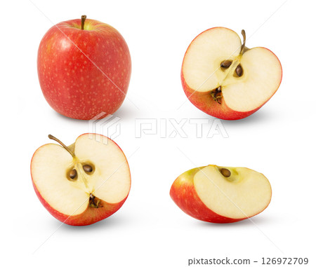 Red whole apple and two cuts in half with slice isolated on white background. Red whole apple and two cuts in half with slice isolated on white background. 126972709