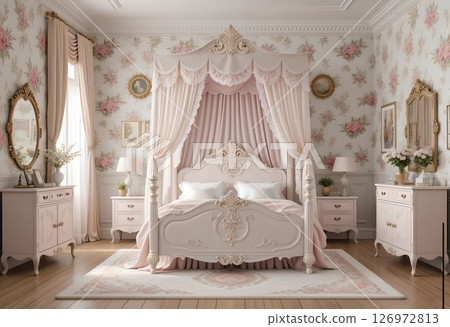 Luxury Shabby Chic Canopy Bed: Romantic & Elegant Girl's Bedroom Design 126972813