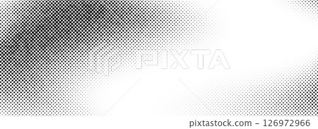 Grunge halftone gradient texture. Faded weathered grit noise texture. Black and white sand wallpaper. Retro pixelated backdrop. Anime or manga style comic overlay. Vector textured template surface 126972966