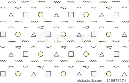 明亮的孟菲斯圖案，色彩柔和，圓點與黑色直線重疊 126972974