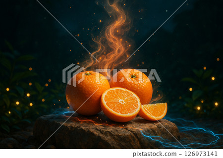 AI generated photorealistic painting of sliced kumquats glowing with mystical light on a rugged rock under a starlit forest night showcasing vivid contrasts and ethereal atmosphere 126973141
