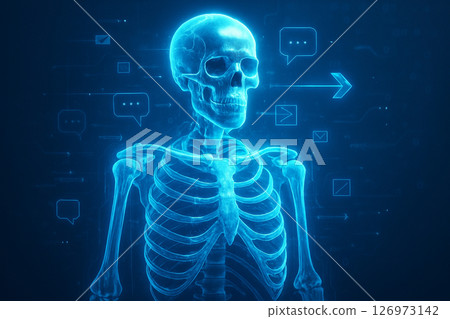 AI generated digital illustration of a glowing blue human skeleton with holographic lines and futuristic UI icons on dark blue background expressing science and innovation 126973142