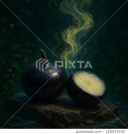 AI generated photorealistic water chestnuts glowing with mystical steam and radiant energy, set on textured rocks amid lush greenery and a starry night forest 126973143