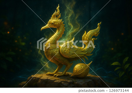 AI generated majestic Thai swan resting on rugged stone under starlit sky, glowing with golden light and surrounded by magical energy lines and lush greenery 126973144