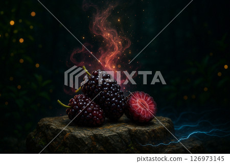 AI generated image of glowing mulberries with ornate texture resting on rugged rock under starry sky surrounded by pink mist and electric energy in a magical forest night 126973145