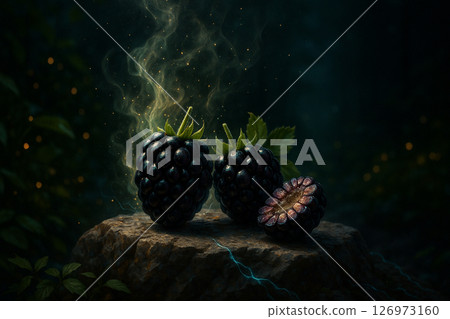 AI generated realistic blackberries on rugged stone with glowing mist and digital light trails in a dark enchanted forest background. 126973160
