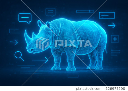 AI generated digital artwork of a Javan rhinoceros with glowing blue holographic effects blending technology and wildlife in a futuristic concept. 126973208