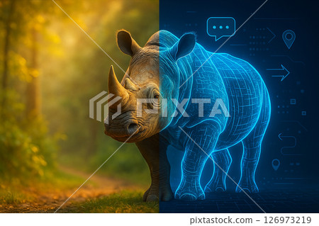 AI generated image of a Gurneys pitta in dual contrast showing natural vibrancy on the left and futuristic holographic design on the right in blue neon light. 126973219