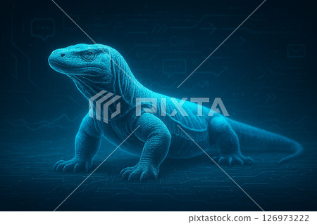 AI generated image of a Gurneys pitta in dual contrast showing natural vibrancy on the left and futuristic holographic design on the right in blue neon light. 126973222