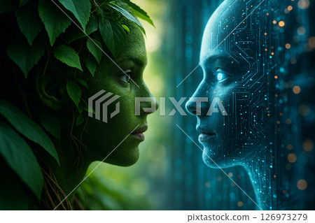 AI generated image of a Gurneys pitta in dual contrast showing natural vibrancy on the left and futuristic holographic design on the right in blue neon light. 126973279