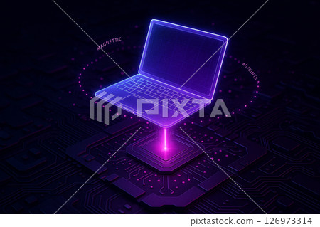 AI generated image of a Gurneys pitta in dual contrast showing natural vibrancy on the left and futuristic holographic design on the right in blue neon light. 126973314