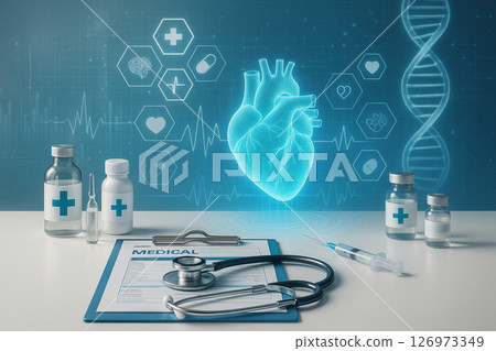 AI generated image of a vivid green cannabis plant held in a scientists hand with glowing DNA strands wrapping around the stem. A microscope and laptop with success metrics 126973349
