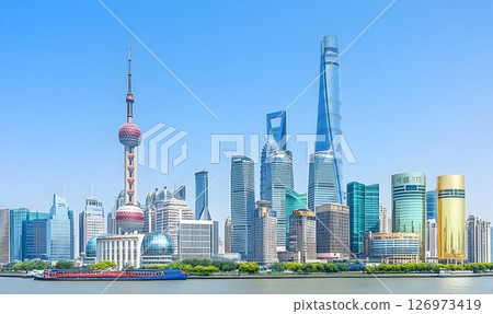 Shanghai's iconic skyline glistens on a sunny day, showcasing modernity 126973419