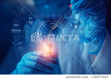 AI generated image of a scientist using a dropper with digital medical and biotechnology icons showing advanced research innovation and futuristic healthcare technology AI generated image of a scientist using a dropper with digital medical and biotechnology icons showing advanced research innovation and futuristic healthcare technology 126973502