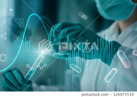 AI generated futuristic biotech lab with scientist analyzing real time medical data through interactive holograms showing test tubes, molecules and digital graphs. 126973510