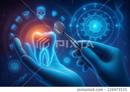 AI generated digital artwork showing a glowing tooth held by gloved hands with dental tools and sci-fi graphics, symbolizing advanced dental diagnostics and AI integration in modern healthcare. 126973533