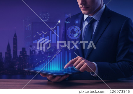 AI generated image showing a businessman using a tablet with floating graphs charts and metrics representing strategic data analysis and futuristic business planning 126973546