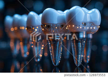 AI generated image of transparent dental implants with embedded circuits and glowing lights showcasing futuristic biotechnological innovation in dental care 126973553