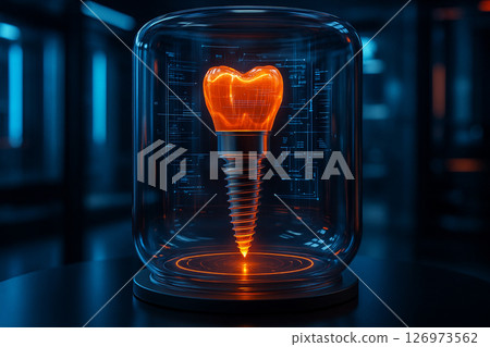 AI generated high tech dental implant with glowing orange crown inside a transparent cylinder futuristic lab concept in sci fi medical environment 126973562