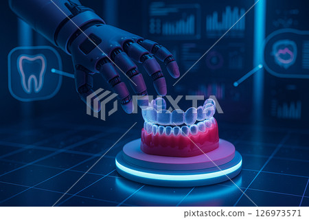 AI generated A robotic hand interacts with a glowing transparent dental aligner on a digital gum model surrounded by holographic dental data in a sci-fi lab AI generated A robotic hand interacts with a glowing transparent dental aligner on a digital gum model surrounded by holographic dental data in a sci-fi lab 126973571