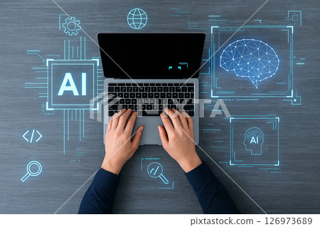 AI generated image of hands typing on laptop with glowing AI icons brain networks code gear and digital data graphics over wooden background 126973689
