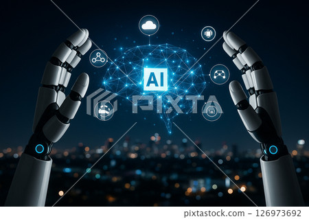 AI generated image of robotic hands surrounding glowing digital brain with AI core and holographic data icons in futuristic cyber city background at night 126973692