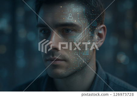 AI generated close-up of a human face merged with glowing digital circuits representing advanced thinking learning and artificial intelligence in futuristic concept 126973728