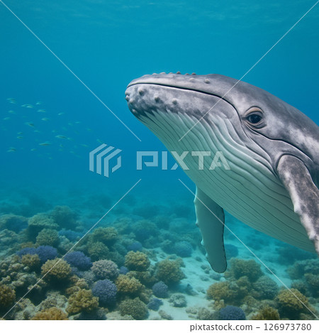 Smiling whale underwater with coral reef 126973780