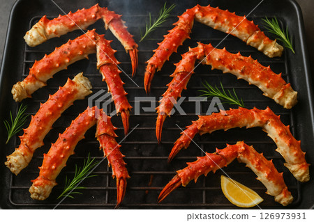 Grilled alaska king crab on charcoal with rosemary 126973931