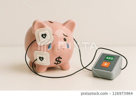 Crying piggy bank with AED defibrillator on white 126973964