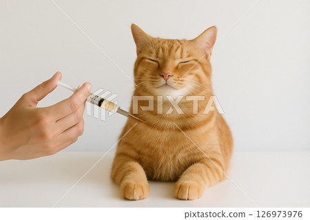 Smiling orange cat with vaccine injection on white 126973976
