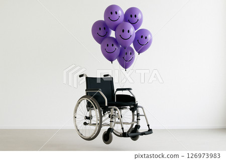 Wheelchair floating with purple smile balloons 126973983