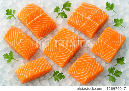 AI generated vibrant raw salmon fillets placed on crushed ice in top view with daylight showing natural freshness marbling contrast and cool atmosphere with scattered green herbs enhancing appeal 126974047