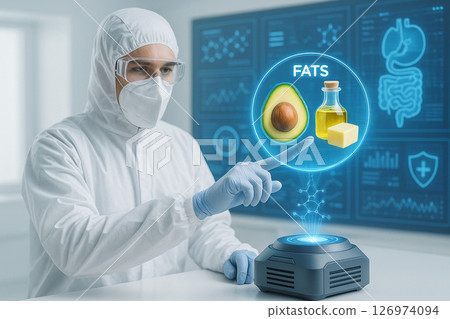 AI generated futuristic doctor analyzing glowing 3D intestine hologram above transparent tablet in clean high tech space symbolizing data driven digital medicine and advanced biomedical innovation 126974094