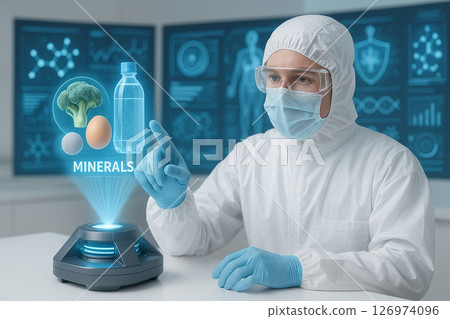 AI generated futuristic doctor analyzing glowing 3D intestine hologram above transparent tablet in clean high tech space symbolizing data driven digital medicine and advanced biomedical innovation 126974096