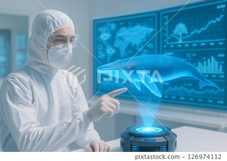 AI generated futuristic doctor analyzing glowing 3D intestine hologram above transparent tablet in clean high tech space symbolizing data driven digital medicine and advanced biomedical innovation 126974112