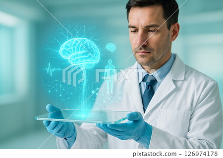 AI generated image of a doctor using transparent tablet to project 3D glowing brain with biometrics in a clean futuristic setting focused on precision and data driven healthcare AI generated image of a doctor using transparent tablet to project 3D glowing brain with biometrics in a clean futuristic setting focused on precision and data driven healthcare 126974178