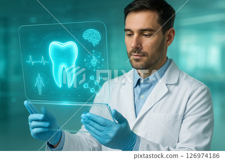 AI generated futuristic medical scene with holographic 3D anatomy and digital healthcare technology AI generated futuristic medical scene with holographic 3D anatomy and digital healthcare technology 126974186