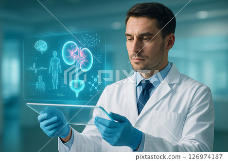 AI generated image of a futuristic doctor using a transparent tablet displaying a glowing hologram of human kidney anatomy in a clean high-tech medical setting 126974187
