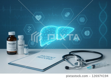 AI generated digital liver scan with medical tools and data icons highlighting advanced diagnostics in a modern healthcare environment 126974194