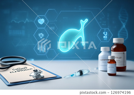 AI generated medical diagnostic scene with a focus on gallbladder analysis. It features medical icons, health tech, and clinical tools, portraying modern healthcare and advanced research. 126974196