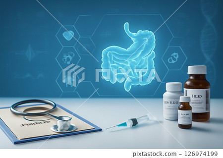 AI generated image illustrating advanced digestive health diagnostics with medical tools like syringes and stethoscopes. A digital stomach hologram is surrounded by medical icons 126974199