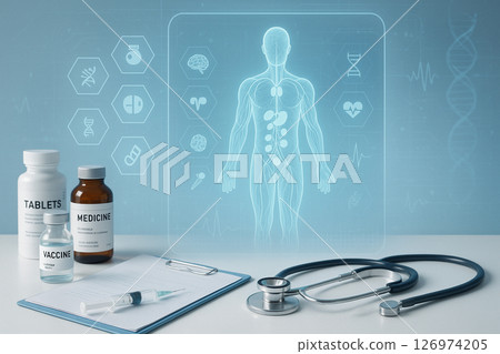 AI generated digital medical image showing the human endocrine system in a clinical setting with futuristic data and healthcare technology AI generated digital medical image showing the human endocrine system in a clinical setting with futuristic data and healthcare technology 126974205