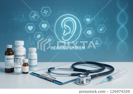 AI generated futuristic medical image of the human hearing system with clinical tools on white table and digital interface showing healthcare technology and auditory diagnostics 126974209