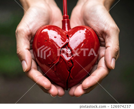 AI generated heart-shaped blood bag donating to the earth, half vibrant and fertile, half dark and barren. Symbolizes life, hope, and global impact of blood donation. 126974237