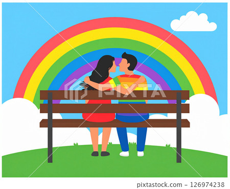 AI generated loving LGBTQ couple lady boy in feminine attire and a man in a rainbow shirt embracing on field with a rainbow sky. Represents diversity, acceptance, and romantic love. 126974238