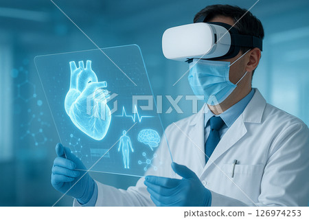 AI generated image of a medical professional using VR to examine a glowing 3D holographic heart with biometric data in a futuristic digital healthcare setting 126974253
